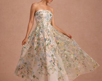 Vestido midi de tul floral sin tirantes, largo hasta la rodilla, vestido de verano bordado, vestido para fiesta en el jardín, atuendo para invitada de boda, vestido elegante