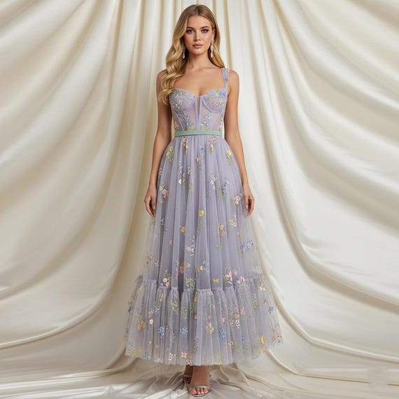 embellished tulle maxi dress Floral Embroidered Tulle Maxi Dress, Sleeveless Corset Evening Gown