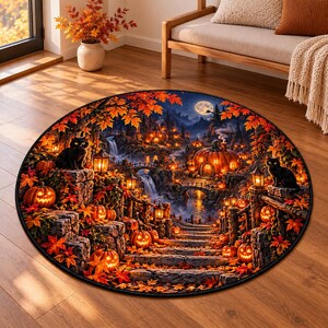 Mysig pumpabymatta, svart katt Halloween-golvmatta, läskig höstdekor i vardagsrummet, månbelyst höstdekor, unik Halloween-present