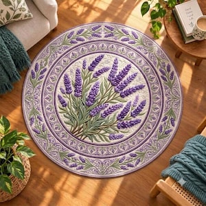 May include: A round area rug featuring a central bouquet of purple lavender sprigs with green stems and leaves, surrounded by concentric circular borders decorated with repeating lavender patterns on a cream-colored background.