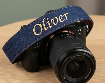 Correa de cámara de mezclilla bordada a medida, correa con nombre personalizado, regalo para fotógrafos, compatible con Sony, Canon y Fujifilm.