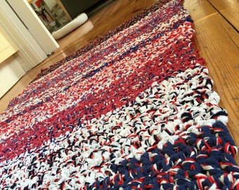 Confetti RAG RUG - Red, White & Blue - Crochet - Repurposed T-Shirts - T-Yarn - 31x46 inches - Cotton - Cottage Country Charm - Costal Chic