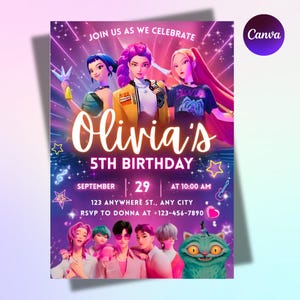Può includere: Un invito di compleanno vibrante con uno sfondo sfumato viola e rosa. L'invito presenta il testo "Olivia's 5th Birthday" con i dettagli dell'evento. Personaggi animati e note musicali decorano il design. Il logo Canva si trova in alto a destra.