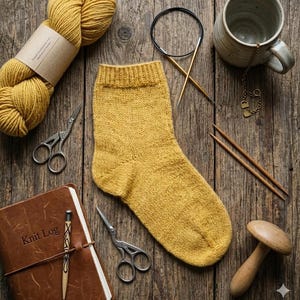 May include: A knitted mustard yellow sock is displayed on a wooden surface alongside knitting tools. A ball of yarn, scissors, knitting needles, a mug, and a journal marked "Knit Log" are also visible. The image suggests a cosy, craft-oriented theme.