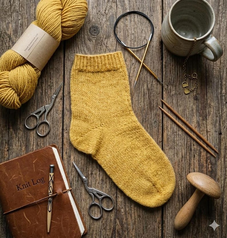 May include: A knitted mustard yellow sock is displayed on a wooden surface alongside knitting tools. A ball of yarn, scissors, knitting needles, a mug, and a journal marked "Knit Log" are also visible. The image suggests a cosy, craft-oriented theme.