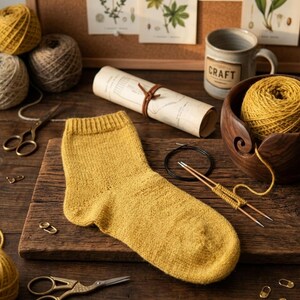 May include: Mustard yellow knitted sock with knitting tools, including yarn, scissors, and needles. A mug with the word "CRAFT" is visible in the background, suggesting a crafting theme. The sock is the focal point, showcasing the texture and colour.