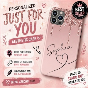 Puede incluir: Funda de teléfono estética rosa con efecto purpurina en la parte superior y diseño de goteo. El nombre "Sophia" está escrito en cursiva. El texto "Just For You" y una insignia de "Best Seller" están presentes.