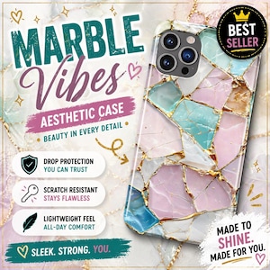 May include: Aesthetic phone case with a marble design in shades of pink, blue, and white, accented with gold. The case features the text "Marble Vibes" and "Aesthetic Case". Additional text includes "Drop Protection", "Scratch Resistant", and "Lightweight Feel".