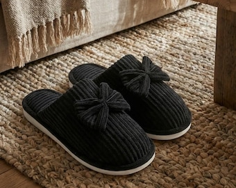 Pantuflas de lazo para mujer / Zapatillas de interior de terciopelo suave, cálidas y acogedoras para el invierno