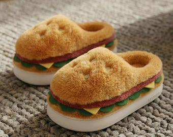 Pantuflas de hamburguesa para mujer, divertidas pantuflas de felpa con plataforma para estar en casa en invierno.