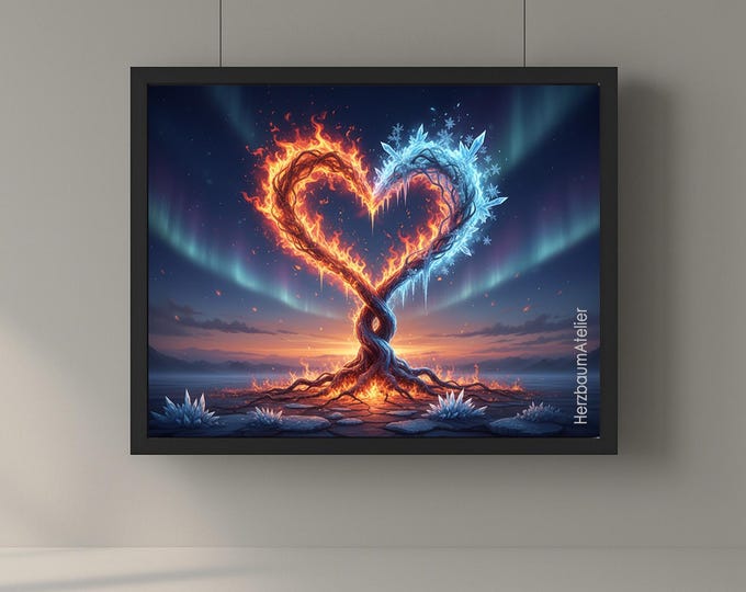 Herzbaum der Gegensätze – Symbolisches Fantasy Poster, Digitaler Download, Feuer  und Eis, Licht und Stille