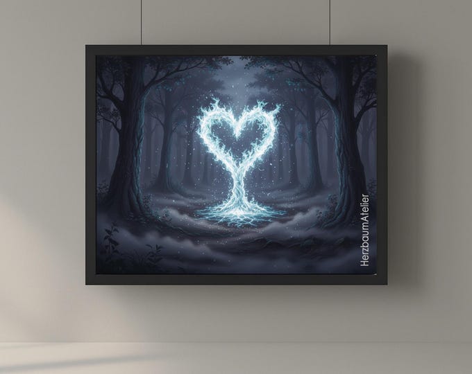 Herzbaum im Lichtfeuer – Magisches Fantasy Poster, Digitaler Download, Mystischer Herzbaum mit Licht und Energie