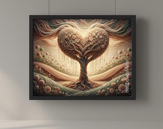Heart Tree in the Fabric of Life – Digital Fantasy Poster, Surreal Heart Tree, 4 PNG Formats