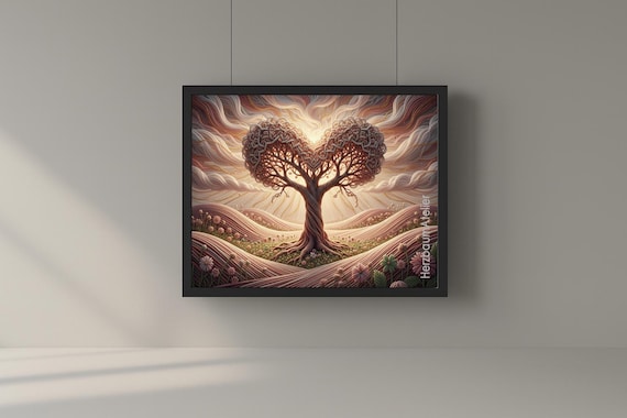 Herzbaum im Makramee_Licht – digitales Fantasieposter, surrealer Herzbaum, 4 PNG Formate