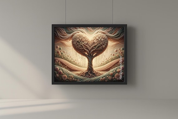 Heart Tree in the Fabric of Life – Digital Fantasy Poster, Surreal Heart Tree, 4 PNG Formats