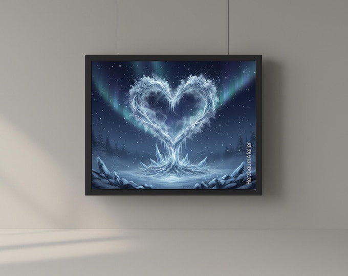 Heart Tree in Frosty Light – Magical Winter Fantasy Poster, Digital Download, Mystical Heart Tree with Ice and Light