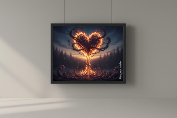Heart Tree in Flame Light – Fiery Fantasy Poster, Digital Download, Mystical Heart Tree of Embers and Light