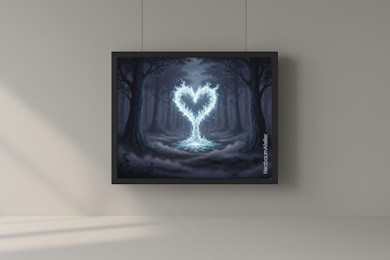 Herzbaum im Lichtfeuer – Magisches Fantasy Poster, Digitaler Download, Mystischer Herzbaum mit Licht und Energie