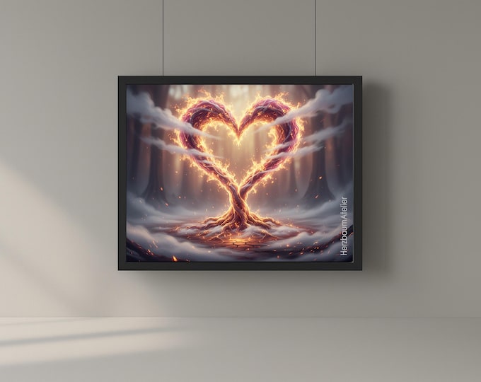 Herzbaum in der Glut – Magisches Fantasy Poster, Digitaler Download, Mystischer Herzbaum mit Feuer und Licht