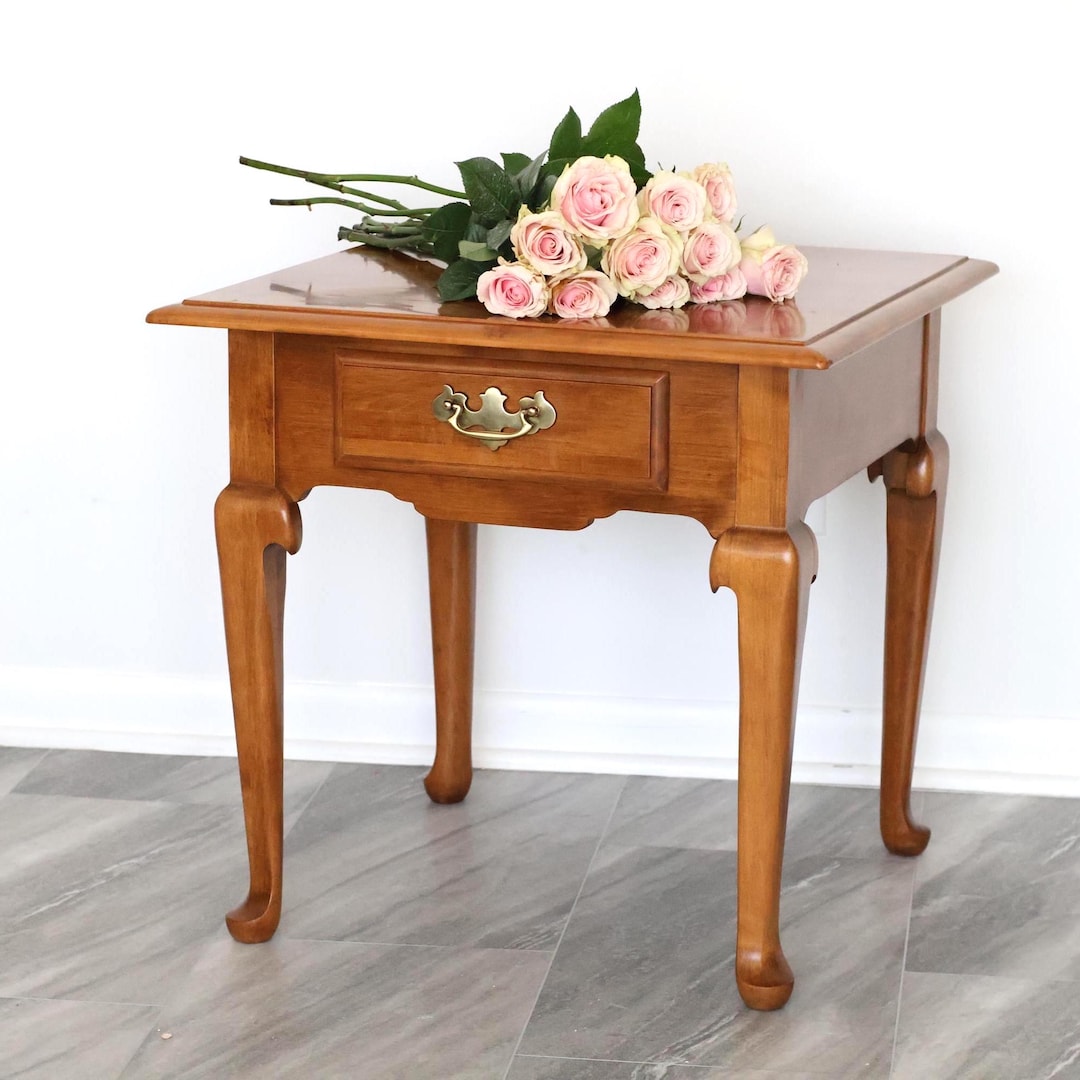 Vintage Ethan Allen End Table With Drawer, Solid Wood Traditional