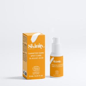 May include: An orange skincare product box and bottle with white accents. The box and bottle both have the brand name "Skinity" and text that reads "Targeted Dark Spot Care 1% Kojic Acid". The bottle contains 15 ml / 0.51 fl oz of product.