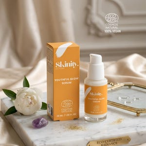 Może przedstawiać: Pomarańczowe pudełko i butelka serum Skinity Youthful Glow Serum są prezentowane na marmurowej powierzchni. Pudełko i butelka mają biały tekst i biały wzór pociągnięć pędzla. Serum ma 30 ml / 1,01 fl oz. Obecny jest również biały kwiat i fioletowy kamień.