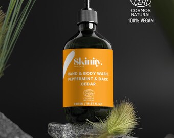 Organic Peppermint Dark Cedar Shower Gel, Vegan Hand and Body Wash, Natural Bath Cleanser