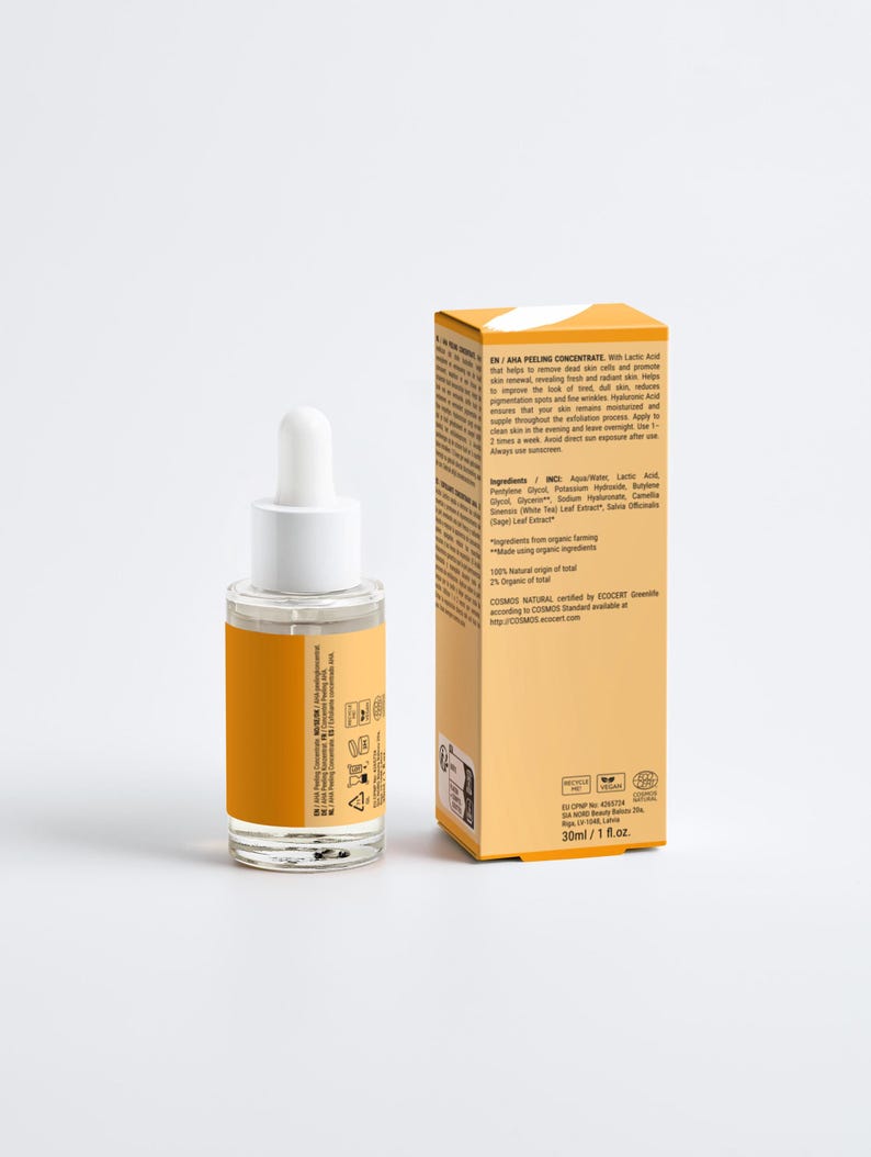 K&ouml;nnte beinhalten: Ein Hautpflegeprodukt mit einer Tropfflasche und einer Schachtel. Die Flasche hat ein gelbes Etikett und eine wei&szlig;e Pipette. Die Schachtel ist ebenfalls gelb und hat Text. Das Produkt ist mit "AHA PEELING CONCENTRATE" gekennzeichnet und enth&auml;lt 30 ml / 1 fl.oz.