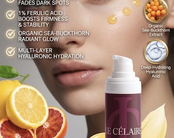 May include: Le Célaire 2% Vitamin C Radiance Booster serum in a white pump bottle with a dark purple label. The image features text detailing ingredients like 2% Ascorbyl Glucoside, 1% Ferulic Acid, organic sea-buckthorn extract, and hyaluronic acid.