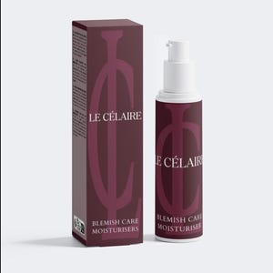 May include: A maroon rectangular cardboard box and a matching cylindrical plastic bottle with a white pump dispenser. Both items feature the white text LE C&Eacute;LAIRE and BLEMISH CARE MOISTURISERS with a large stylized white letter C logo on the front.