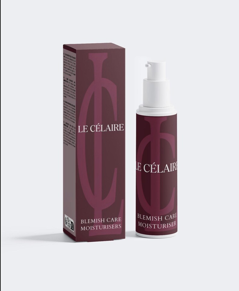 May include: A maroon rectangular cardboard box and a matching cylindrical plastic bottle with a white pump dispenser. Both items feature the white text LE C&Eacute;LAIRE and BLEMISH CARE MOISTURISERS with a large stylized white letter C logo on the front.