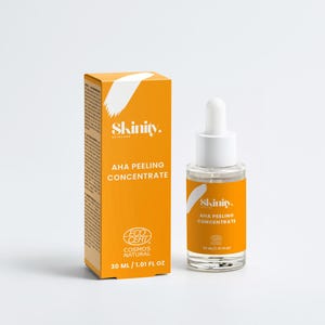 K&ouml;nnte beinhalten: Eine orangefarbene Schachtel und eine transparente Glasflasche mit Skinity AHA Peeling Concentrate. Die Schachtel und die Flasche haben wei&szlig;en Text und ein wei&szlig;es geschwungenes Design. Die Flasche hat einen wei&szlig;en Tropferaufsatz. 30 ml / 1.01 fl oz.
