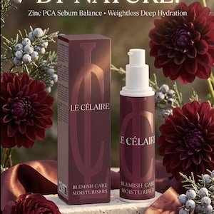 May include: A Le C&eacute;laire Blemish Care Moisturiser bottle and its matching rectangular box, both in deep burgundy with white text. The packaging features the text Inspired By Nature, Zinc PCA Sebum Balance, and Weightless Deep Hydration.