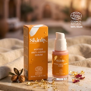 Sérum facial con péptidos orgánicos, cuidado antiedad vegano, elixir reafirmante natural.