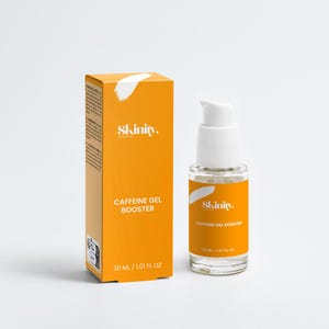 May include: An orange box and a clear bottle of Skinity Caffeine Gel Booster. The box and bottle have white text and a white graphic. The bottle has a white pump top and contains 1.01 fl oz of product.