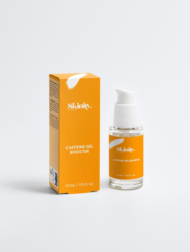 May include: An orange box and a clear bottle of Skinity Caffeine Gel Booster. The box and bottle have white text and a white graphic. The bottle has a white pump top and contains 1.01 fl oz of product.