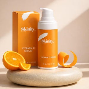 K&ouml;nnte beinhalten: Eine orangefarbene Hautpflegeproduktflasche und -box mit dem Text "Skinity" und "Vitamin C Serum". Die Flasche befindet sich neben einer aufgeschnittenen Orange und Orangenschale auf einem Stein. Die Flasche enth&auml;lt 30 ml / 1,01 fl oz.
