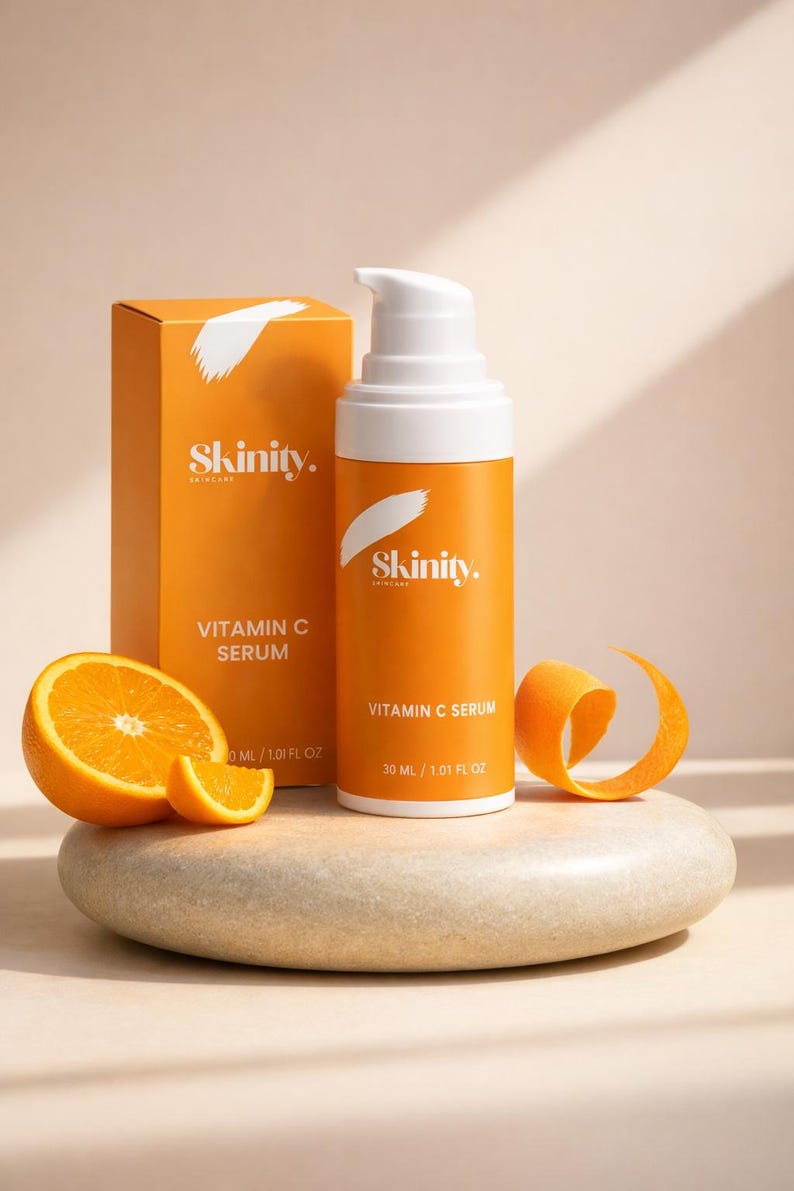K&ouml;nnte beinhalten: Eine orangefarbene Hautpflegeproduktflasche und -box mit dem Text "Skinity" und "Vitamin C Serum". Die Flasche befindet sich neben einer aufgeschnittenen Orange und Orangenschale auf einem Stein. Die Flasche enth&auml;lt 30 ml / 1,01 fl oz.