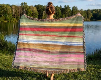 Abstract Striped Woven Blanket | Multicolor Fringe Throw, Housewarming Gift, Tapestry Wall Decor for Artist, Nursery, Rainbow Playroom Mat