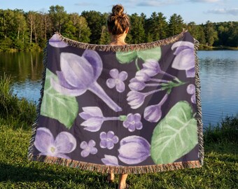 Vintage Woven Blanket 100% Cotton, Gift For Mom Woven Throw, Gardener Gift Tapestry Blanket, Floral Hobby Decor, Mothers Day Gift, Gardener