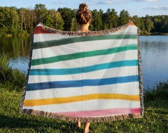 Abstract Color Stripe Woven Blanket | Modern Striped Throw for Playroom, Gift for Mom, Teacher, Friend, Artist, Rainbow Picnic Blanket Mat