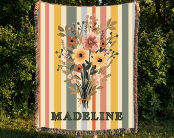 Floral  Striped Woven Blanket Gift for Garden Lover| Personalized  Flower Throw for Nursery, Girls Room, Housewarming, Birthday, Baby Shower