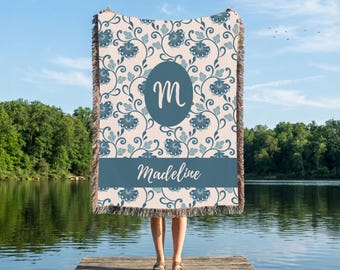 Personalized Floral Woven Blanket | Blue Garden Monogram Throw, Tapestry Decor
