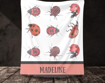 Personalized Ladybug Pattern Fleece Blanket | Custom Name Sherpa Throw, nursery bug decor for girl