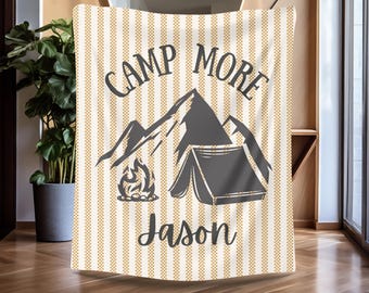 Camp More tent mountain campfire Fleece Sherpa Blanket, Forest Tapestry Wall Decor, Gift for Campers, Personalize