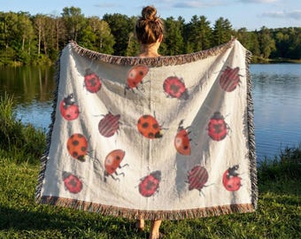 Ladybug Woven Blanket | 100% Cotton Throw with Fringed Edges, Gift for Bug Lover, Gardener Blanket, Bug Lover Tapestry Decor for Kids Room