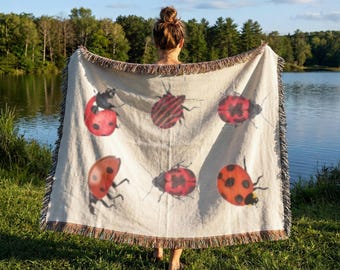 Ladybug Woven Blanket | Insect Pattern Cotton Throw, Fringed Edges, Gift for Bug Lover, Tapestry Wall Decor for Playroom, Gift for Kids Room