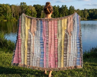 Striped Woven Blanket | Pattern Throw, Vintage Style, Tapestry Wall Decor for Artist, Housewarming Present, Rainbow Picnic Mat for Nursery