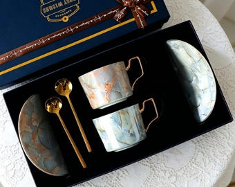 Customization,Marble Coffee Cup Gift Set, Luxury Tea  with Saucer，Spoon, Festive Gift Box  Bridal Shower, Housewarming, Christmas, Birthday