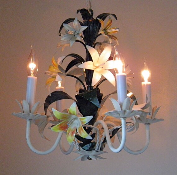 Vintage Tole Chandelier Italian Antique Lilies 4
